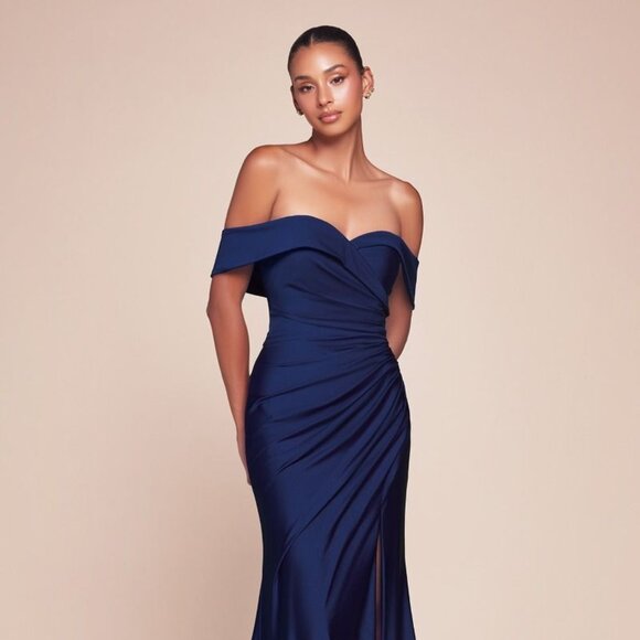 Charming Off Shoulder Satin A-line Sexy Slit Long Dresses, FC2172